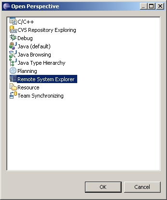 Opening a new remote system explorer perspective in Eclipse