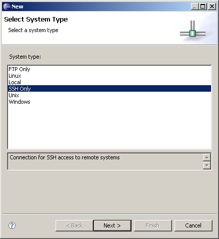 Selecting an SSH connection in RSE with Eclipse