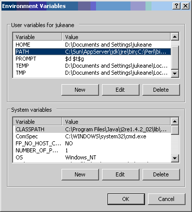 Screenshot showing environmental variables settings