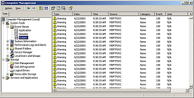 Screenshot of an NT event log