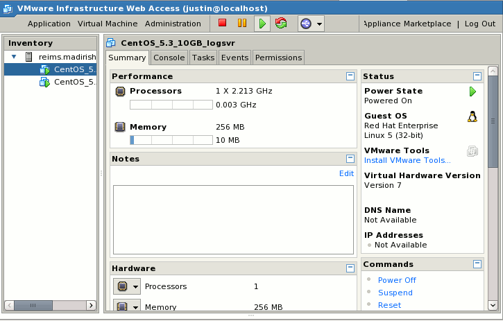 Screenshot of VMware Server web based management console