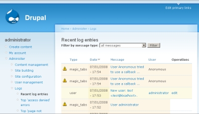Administrator examining the Drupal log report