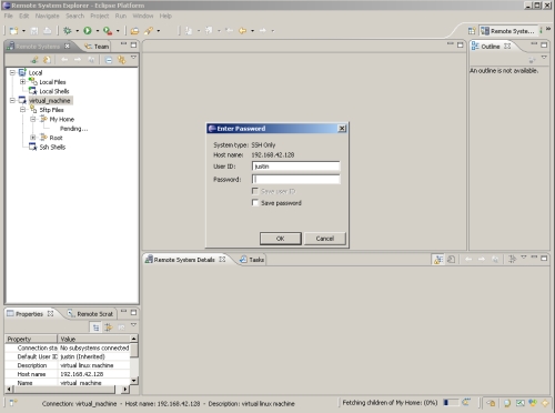 Entering connection credentials for remote SSH site in Eclipse