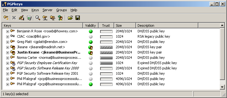Screenshot of PGP keyring