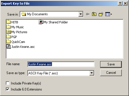 Screenshot of exporting keys
