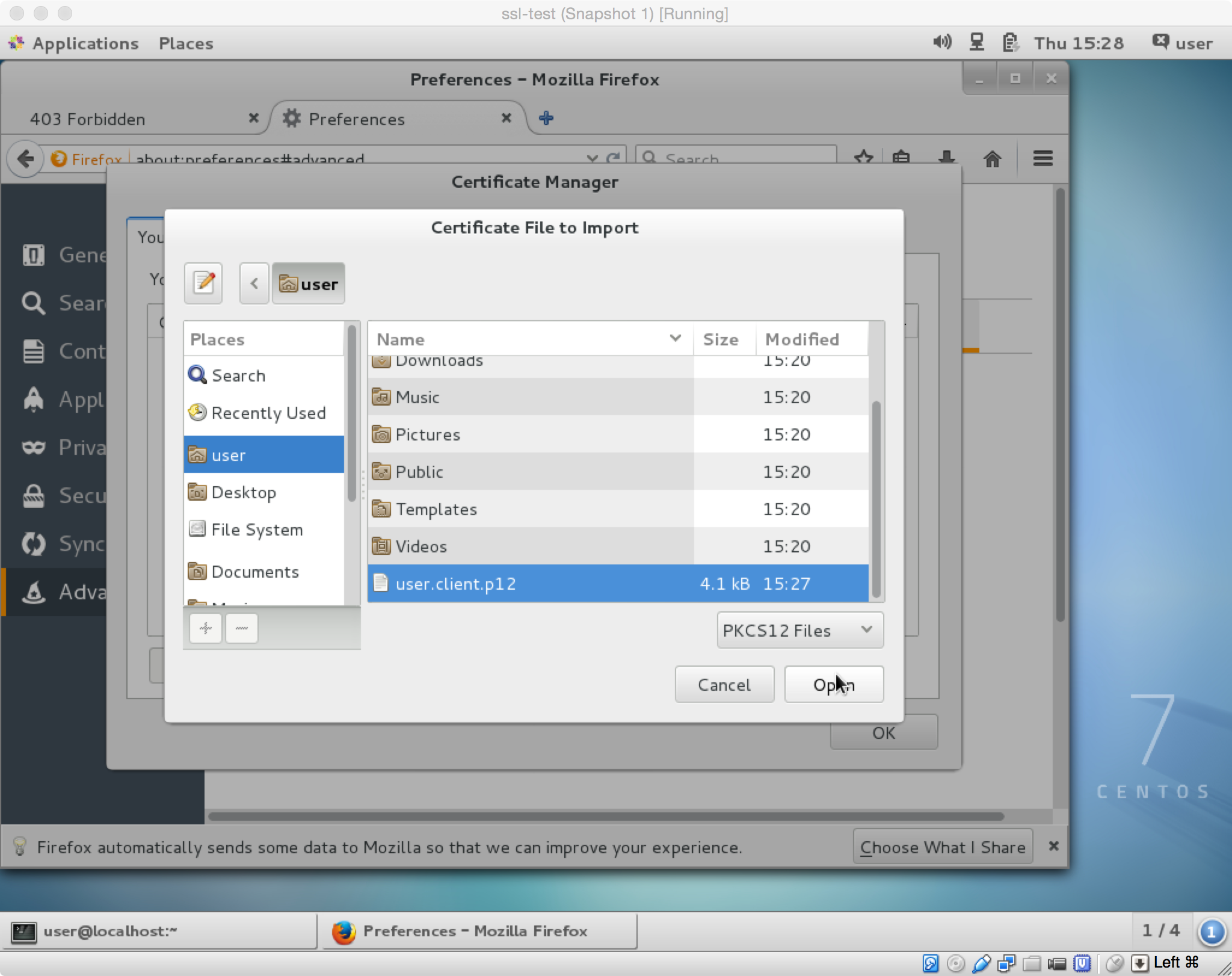 Importing the certificate into the browser