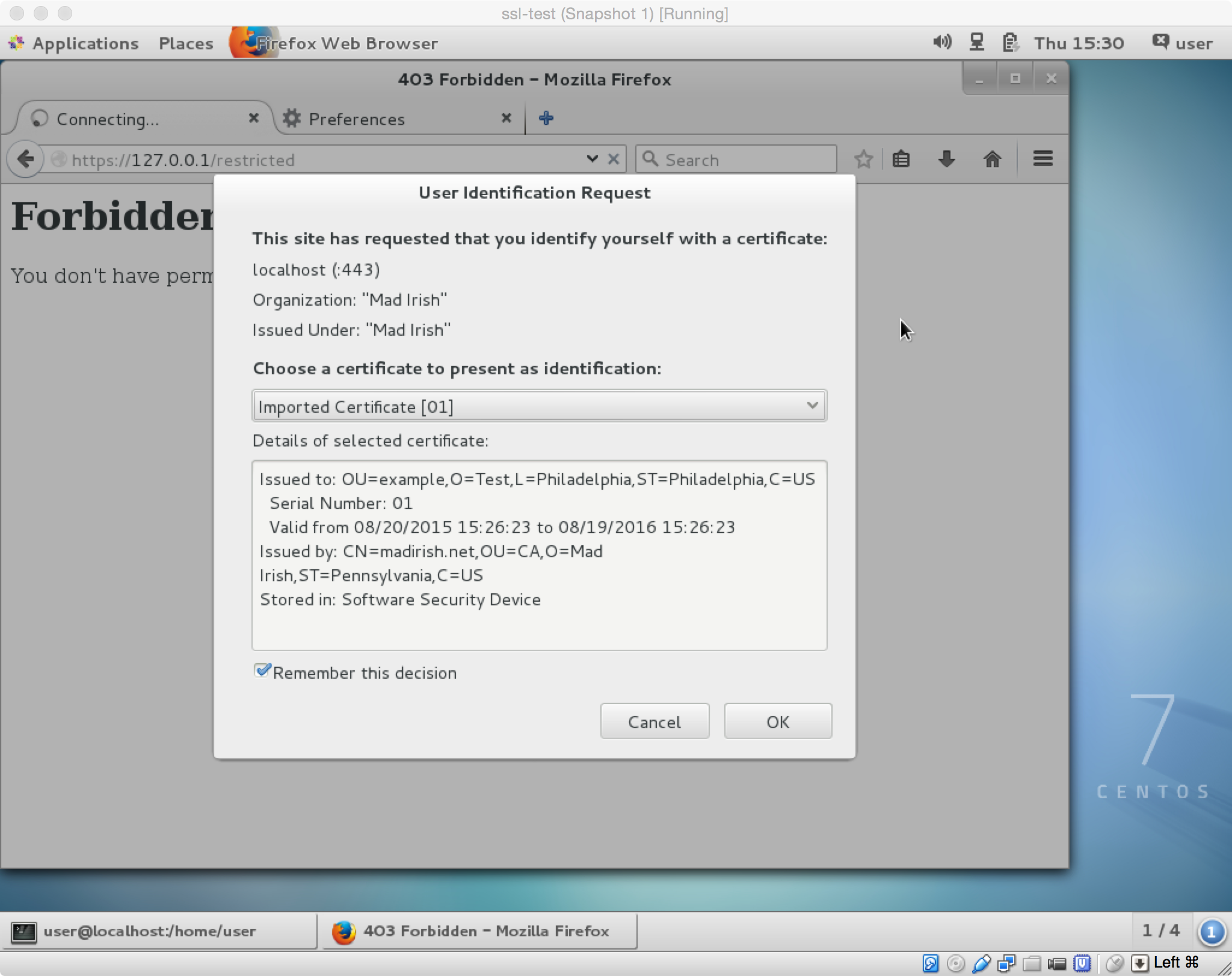 Browser prompt to provide a client certificate